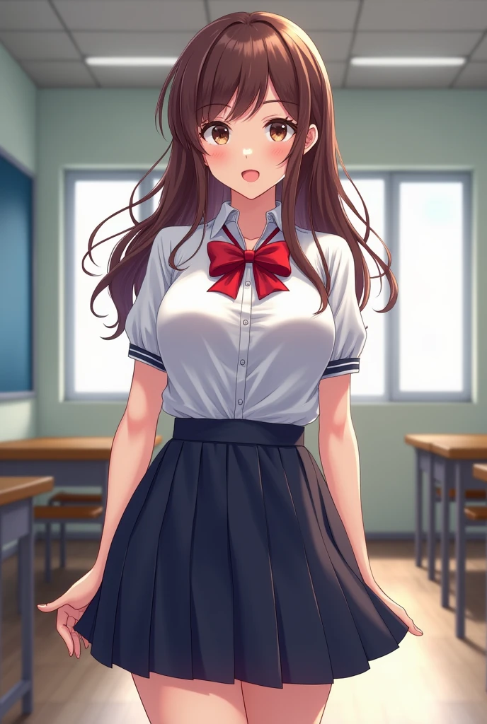 wipe clean,by the wide,big breasts,School uniform,wearing a short-sleeved shirt and a short skirt,good figure and proportion,looking towards the viewer,,(school hall background),Best Quality, High resolution,(illustration:0.8) , extremely detailed face, perfect lighting, Extremely detailed CG, (perfect hands, perfect anatomy,excited look