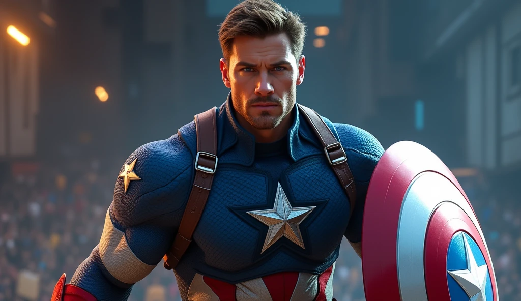 superhero,captain america,1man,muscular man,chiseled face,determined expression,strong jawline,blue and red costume,detailed costume,shield,action pose,looking straight ahead,dramatic lighting,cinematic composition,vibrant colors,comic book style,digital art,concept art,photorealistic,8k,high quality,masterpiece