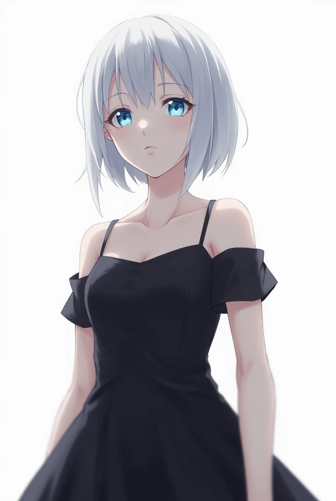 masterpiece, best quality, highres, 1girl, solo, anastasia (idolmaster), idolmaster cinderella girls, blue eyes, short hair, grey hair, black dress, cowboy shot, , closed mouth, upper_body,