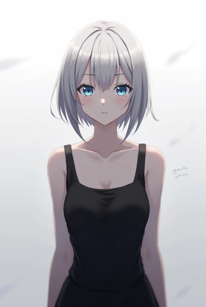 masterpiece, best quality, highres, 1girl, solo, anastasia (idolmaster), idolmaster cinderella girls, blue eyes, short hair, grey hair, black dress, cowboy shot, , closed mouth, upper_body,