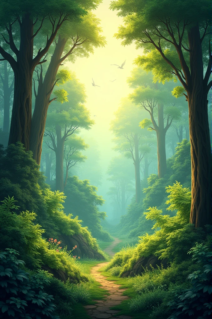 a background for an application called "climate heroes". This background is a menu background where in mrnu there will be clickable squares that will take you to another screen..  Create a forest background