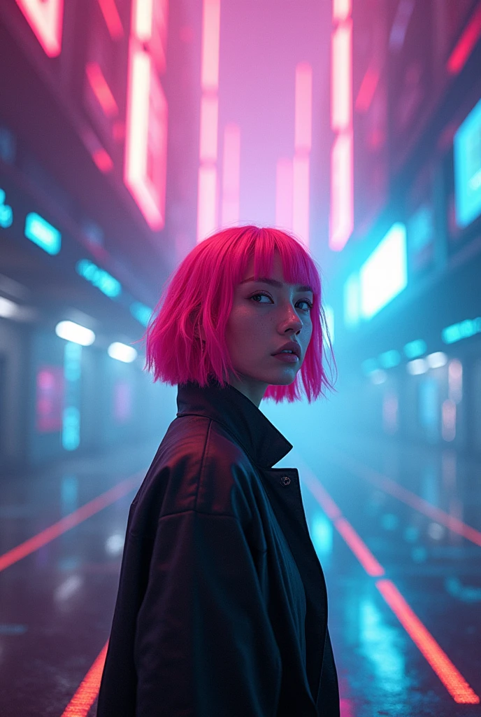Cyberpunk, pink hair, futuristic, surreal, ultra-wide, wide-angle lens, looking up, dynamic movement, expressive, vibrant, sacred cinematic edges, laser hologram