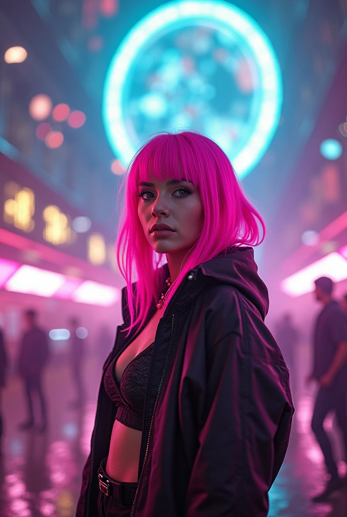 Cyberpunk, pink hair, futuristic, surreal, ultra-wide, wide-angle lens, looking up, dynamic movement, expressive, vibrant, sacred cinematic edges, laser hologram