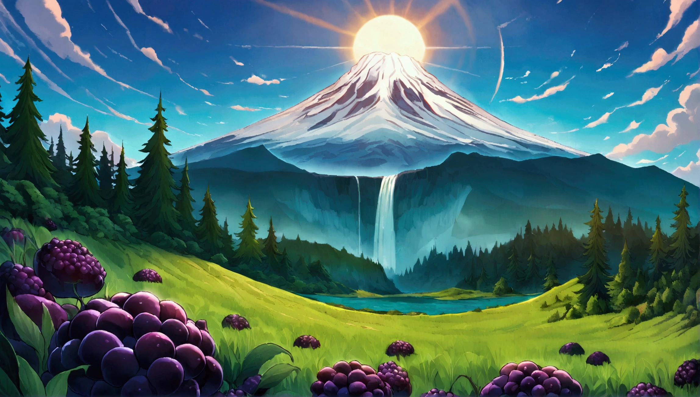 ultra wide landscape flooded with light moebius style, greenery, giant chili, giant blackberries, epic, sun, mt hood, waterfall, forest, oregon, green
