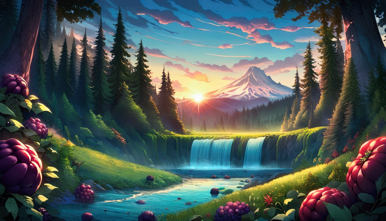 ultra wide landscape flooded with light moebius style, greenery, giant chili, giant blackberries, epic, sun, mt hood, waterfall, forest, oregon, green