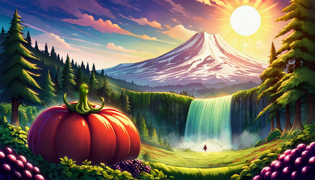 ultra wide landscape flooded with light moebius style, greenery, giant chili, giant blackberries, epic, sun, mt hood, waterfall, forest, oregon, green