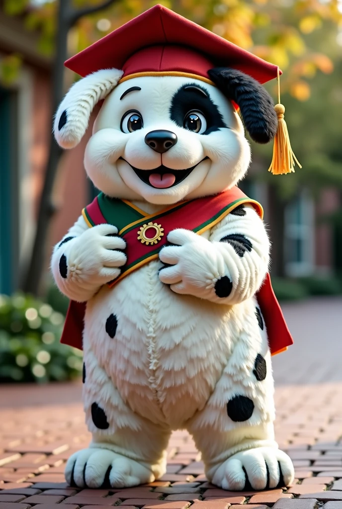 You can make a mascot for a university inspired by a chubby white dog with black spots, the two black ears and a spot on one of his eyes. Let the colors of the suit be mostly white,Red and green, with golden touches, and a graduation cap