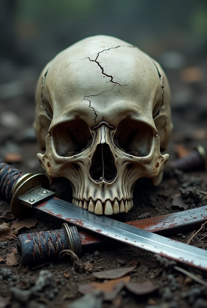 A Samurai skull with two swords after a war 
