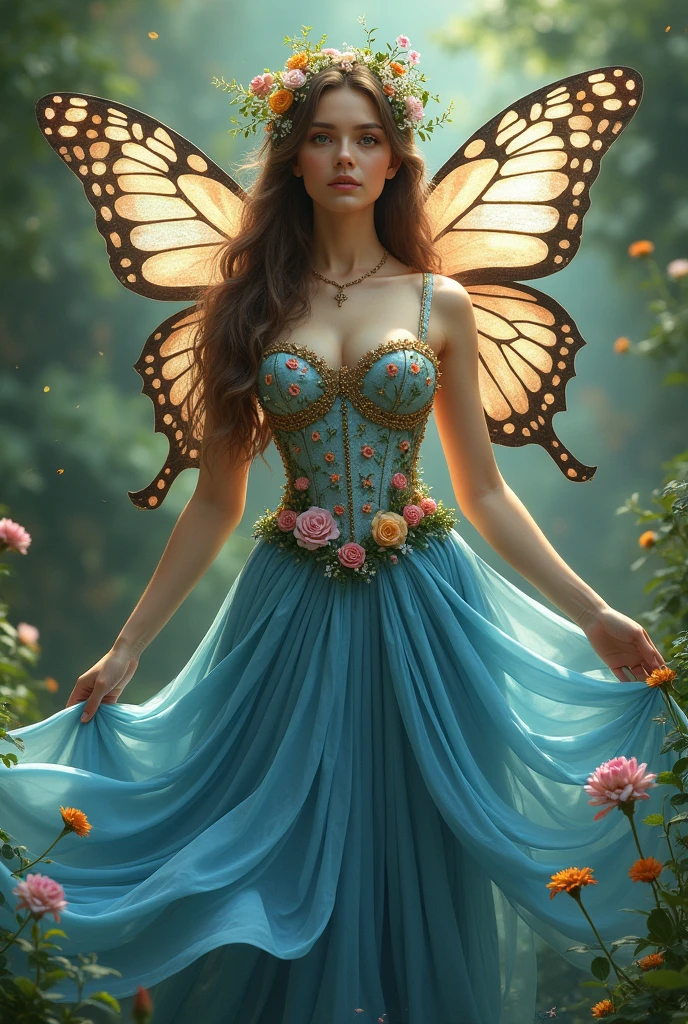 Brown-haired woman with butterfly wings and flowers, crown of flowers and plants, Floral corset and blue flared skirt that simulates a full-body waterfall