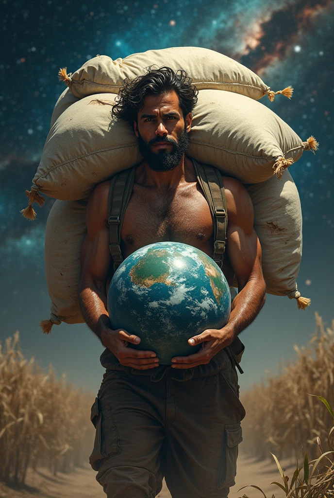 man carrying seed plus bags, He can hardly handle more bags, but he starts working out and gets stronger to carry more bags, stronger and bigger., even more so when you hold planet Earth in your hand, it's in the galaxy