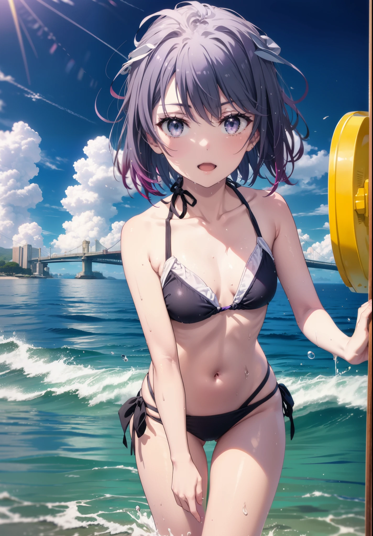 Haruno Yukinoshita, Haruno Yukinoshita, short hair, Hair between the eyes, (Iris:1.5), Black Hair, Gradient Hair, Two-tone hair, Purple Hair, smile,Open your mouth,
Black Bikini Swimsuit,barefoot,Wet swimsuit,Wet Hair,Wet Skin,Water Play,Daytime,Clear skies,True Summer,whole bodyがイラストに入るように,
break looking at viewer,whole body, (Cowboy Shot:1. 5),
break outdoors, Ocean,Beach,
break (masterpiece:1.2), Highest quality, High resolution, unity 8k wallpaper, (figure:0.8), (Beautiful attention to detail:1.6), Highly detailed face, Perfect lighting, Highly detailed CG, (Perfect hands, Perfect Anatomy),