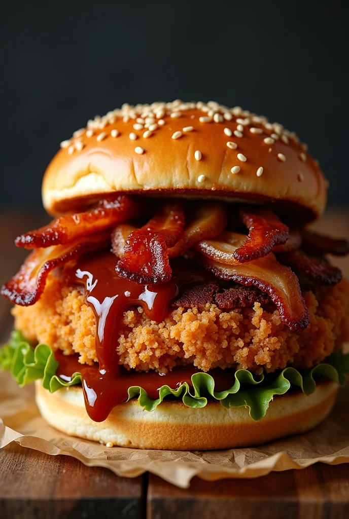 Create a burger that only has crispy chicken, crispy onion, barbecue sauce and bacon