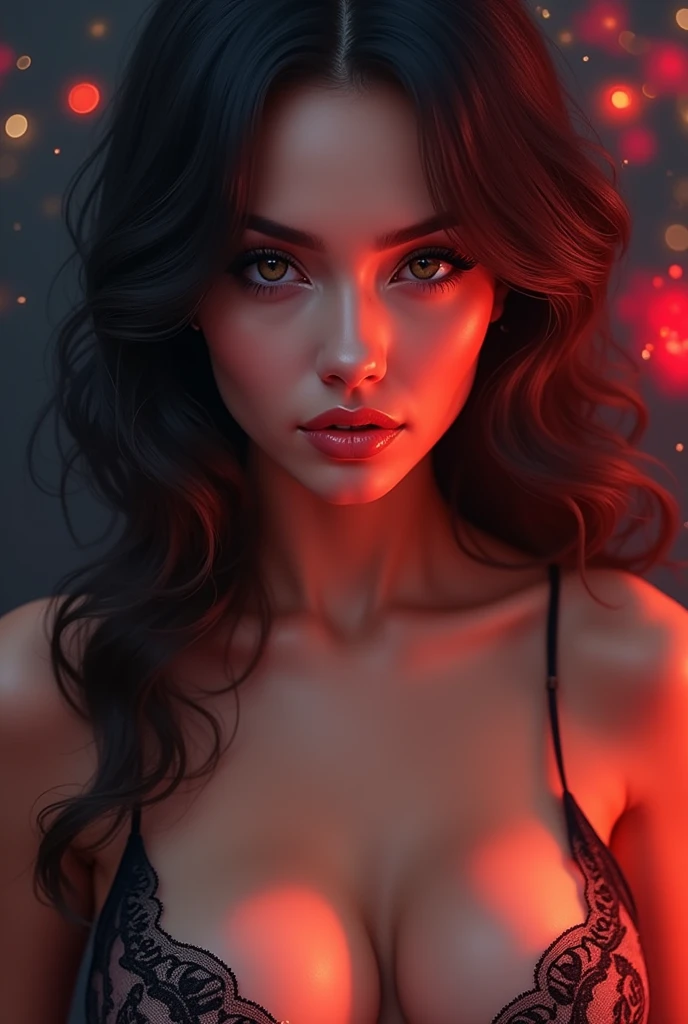 a woman bending forward, cleavage, beautiful detailed eyes, beautiful detailed lips, extremely detailed face and portrait, long eyelashes, upper half body, (best quality,4k,8k,highres,masterpiece:1.2),ultra-detailed,(realistic,photorealistic,photo-realistic:1.37),anime,illustration,digital painting,vibrant colors,dramatic lighting