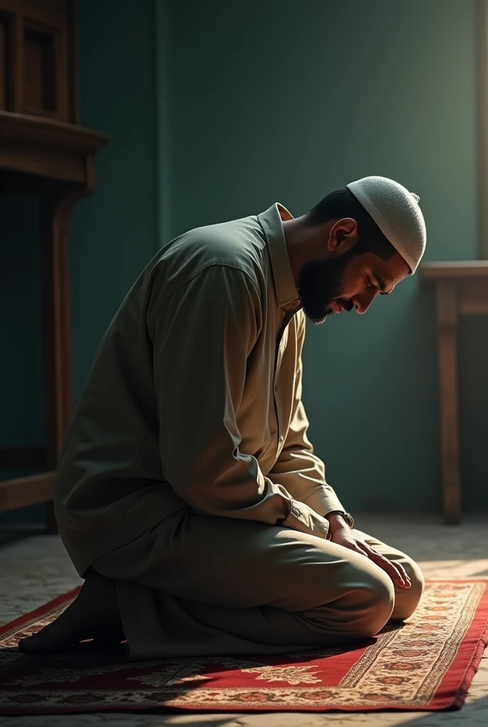 A man bow his head to the floor performing solah.