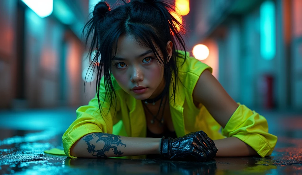 Female Asian, serious face, messy hair tied with neon tips, amber eyes, cybernetics in eyes, scar on left eye, left arm with few Black carbon cybernetics, neon designer coat clothing, tattoo with family symbol on forearm, night city alley background, moon reflection on Walter, Pose crouched on the floor against sharpening carbon robot arm blade