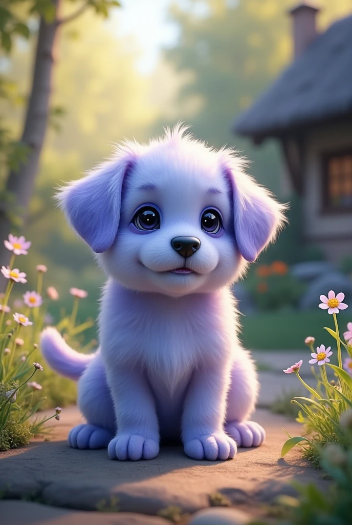 A puppy the color lavender Blue.