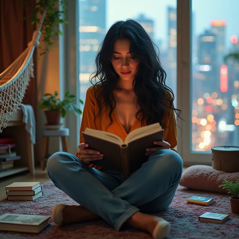 realistic photo of a (pretty girl, 20 years old, brunette, black eyes) seat down at carpet read a book, (full lips) , ((perfect face)), [[mild smile]], proportionate body,mixed herritage, beautyfull, beautyfull face, tanned skin, two arms, two legs, five fingers by hand, full body, (curly black long hair), brunette girl), Casual outfit, Apartament into glass building, cyberpunk city behind glass panel, reading a book, messy stuff at carpet, hammok, books and collectibles at carpet
