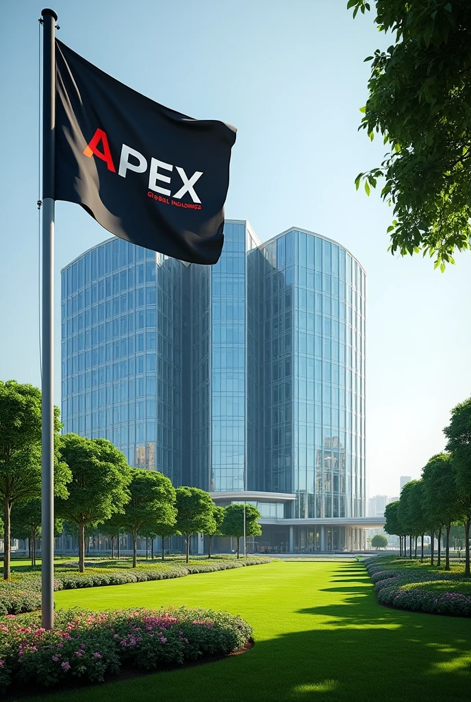 Create a huge building with a full view.Written Apex Global Holdings and a flag written Apex Global Holdings.It should be on it's own compound and the environment is green with grass,trees and flowers well streamed.Not a tall one but large with a full view ,the flag is on the ground at the front view with a calm exposure .Nice make it more presentable and real.The flag should also be sexy.The flag should be written Apex Global Holdings.The building too and should be seen clearly.Change the design of the building it's small.Where is the flag the building is not goid