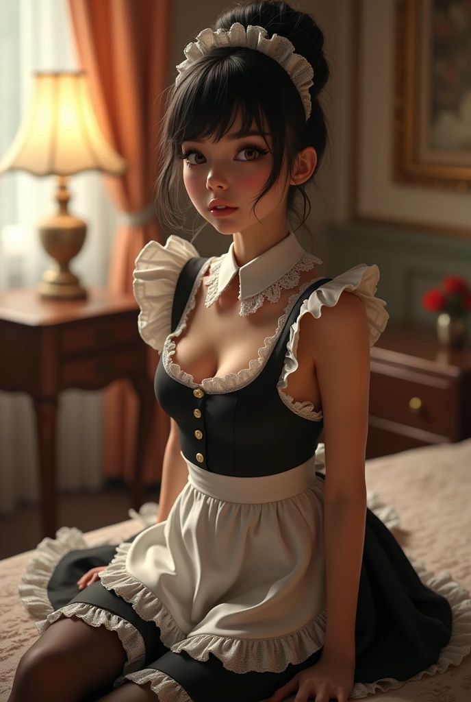 High quality, HD, raw photo, masterpiece front photo of French maid, hair bun, hair stuck, messy bun, skirt lift, skirt lift, (((full body)))(((no panties, no pants))) ((upskirt)), (sitting with leg open) looking at the viewer, best quality masterpiece, photorealistic, detailed, night, flash, 8k, HDR, shallow depth of field, wide light,  high contrast, backlighting, brightness, light brightness, chromatic aberration, sharp focus, RAW color photo