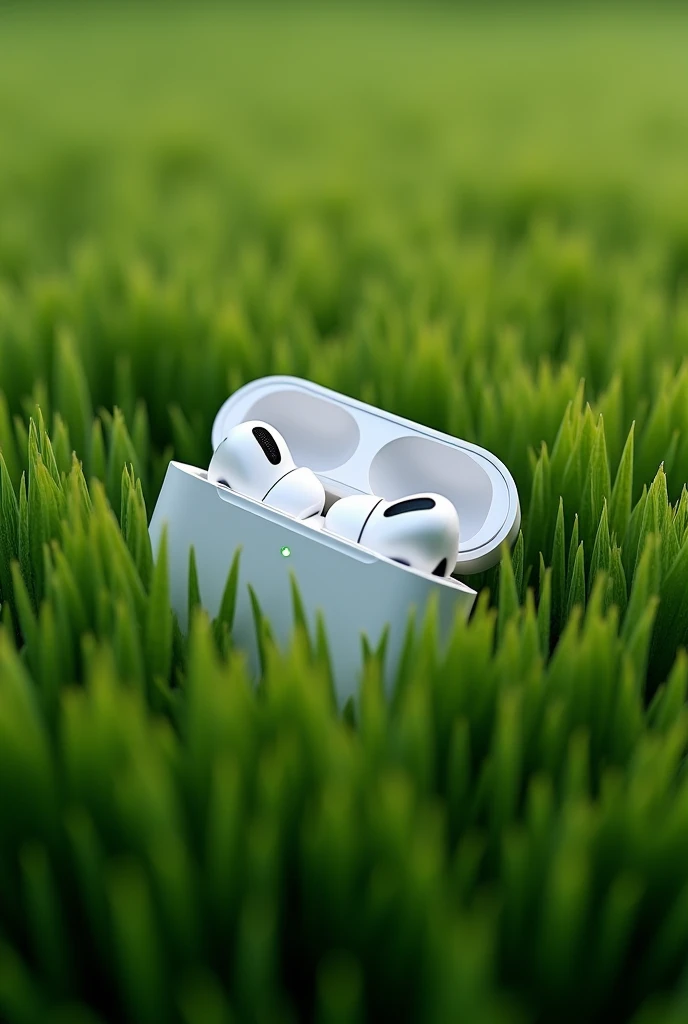 Air pods pro 2nd generation on artificial grass Let it look as if I had taken a photo and it can't be seen that artificial intelligence did it