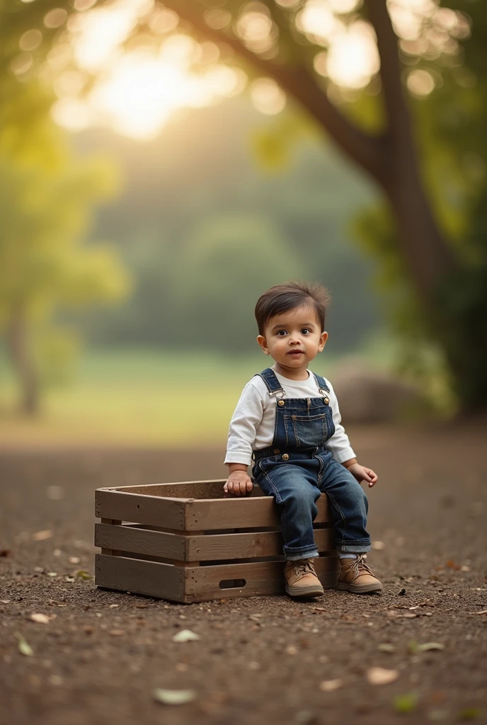 arafed toddler sitting on a wooden box in a field, a picture by Saurabh Jethani, pixabay contest winner, art photography, cute boy, portrait image, outdoor fine photography, candid portrait photo, cute photo, full body photogenic shot, photo taken with sony a7r, outdoor fine art photography, marvelous expression, candid photography, portrait mode photo