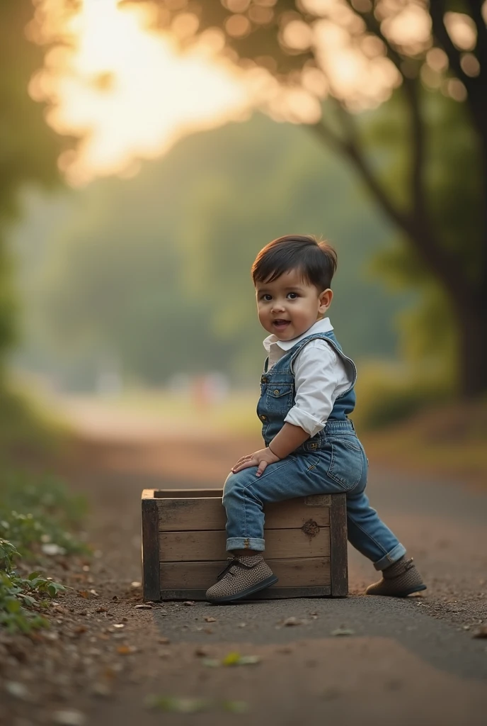 arafed ddler sitting on a wooden box in a field, a picture by Saurabh Jethani, pixabay contest winner, art photography, cute boy, portrait image, outdoor fine photography, candid portrait photo, cute photo, full body photogenic shot, photo taken with sony a7r, outdoor fine art photography, marvelous expression, candid photography, portrait mode photo