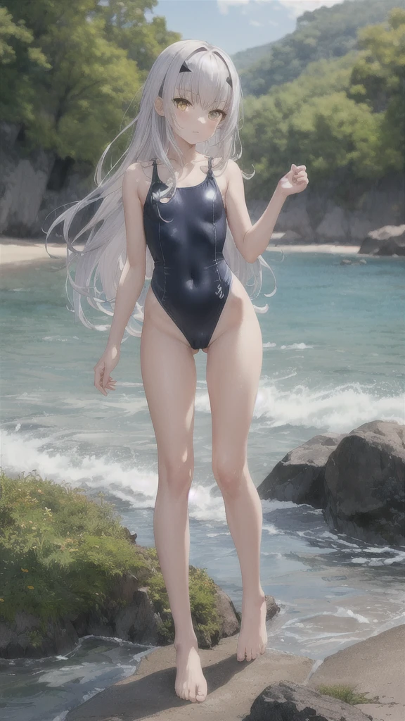 Silver hair, golden eyes, flat chest,slim figure,white one piece swimsuit,Mini skirt,Bare Legs,barefoot,Standing,Sunlight,Sea