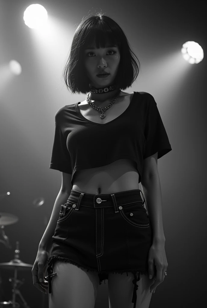 Black and White Photography、Live footage、1 female。Asian woman with short bob、Straight hair、band、skirt、Beautiful Face、punk、Large Breasts、Satomi Ishihara、black t-shirts、ペニスが押し込めるほどLarge Breastsの谷間、Stage lighting、cigarette、haze、Alice Hirose、Solo artist、skirtめくり、Leaning in to look at you、