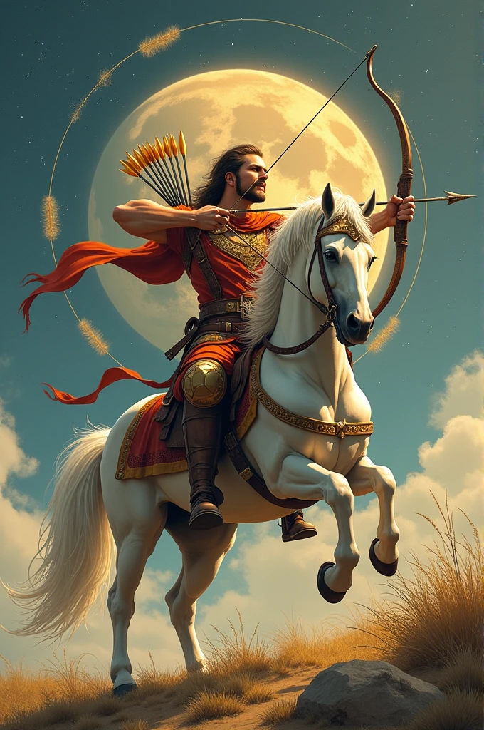 Create the Sagittarius sign as if it were a half-man, half-horse RPG title character using a bow and arrow. 