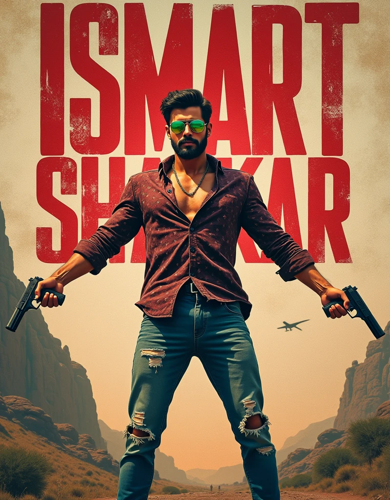 Create a anime style landscape long shoot image. Promotional anime poster. The layout features a central figure, a handsome man with a beard and reflection colour full sunglass, standing with arms outstretched and one hand holding pistol against a grungy, textured background. He has a fair skin tone and is dressed in a patterned shirt and distressed jeans. The title 'iSmart Shankar' is prominently displayed on the behind him in bold red and white text. The overall design has a rugged, edgy aesthetic.