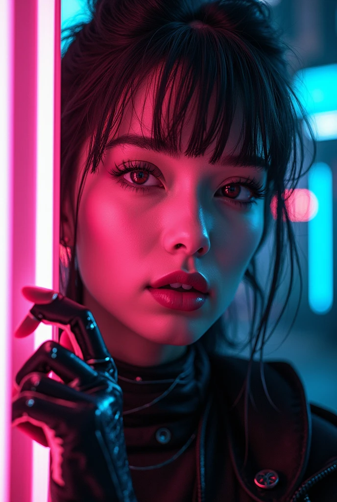 cyberpunk, women holding neon light in hand, brokeh, beautiful detailed eyes, beautiful detailed lips, extremely detailed eyes and face, long eyelashes, cyborg, sci-fi, futuristic, neon city, dark atmosphere, dramatic lighting, (best quality,4k,8k,highres,masterpiece:1.2),ultra-detailed,(realistic,photorealistic,photo-realistic:1.37), professional, vivid colors, cinematic