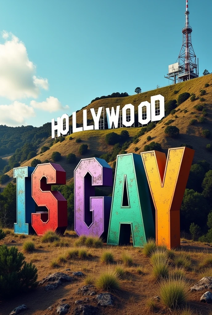 the hollywood sign saying but not with hollywood letters ,  with "Kris is gay" letters
