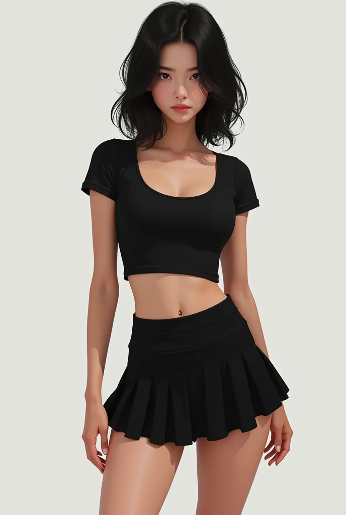  skinny white girl with black hair in a crop top shirt and a mini skirt full body. 
