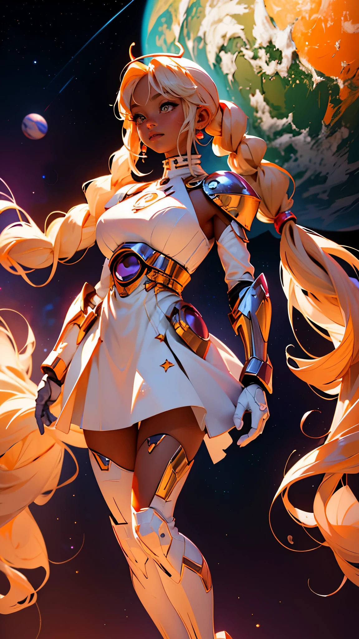 envision a 8k, highres, cinematic, beautiful full body design sheet of a Big tall girl named Sana Tsukumo with long blonde hair in pigtails, tan skin, hair ornaments, orange eyes, wearing a white dress and superhero cosmic armor and a Galactus helmet against a space background with stars