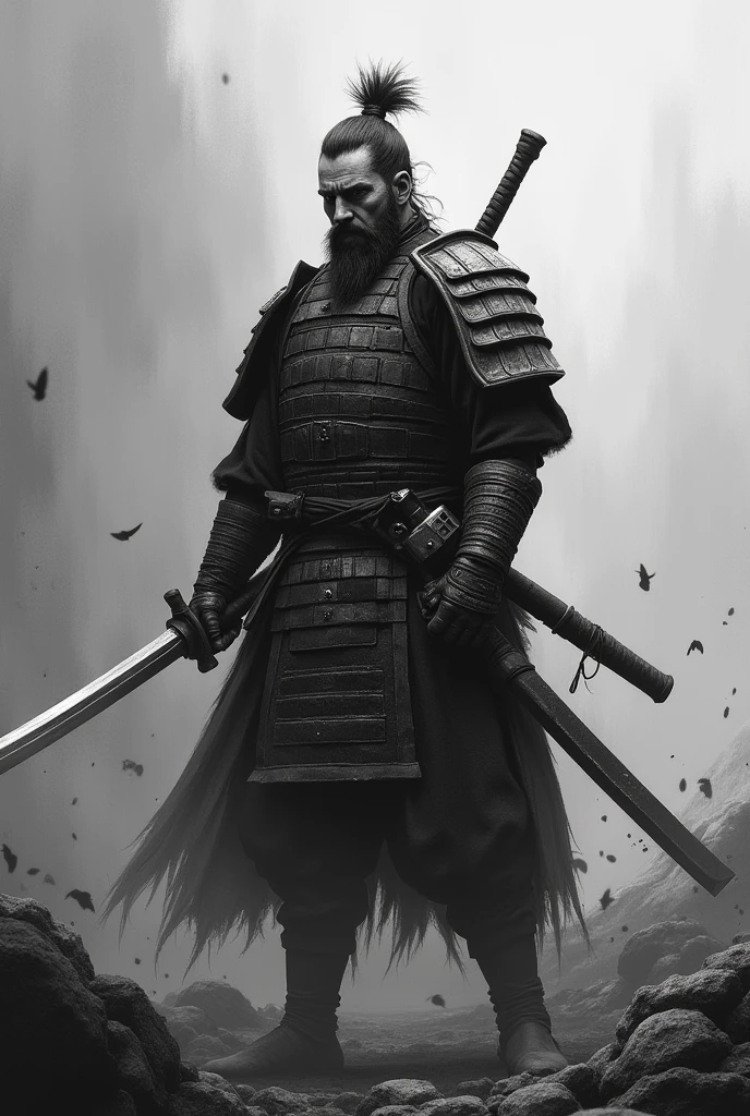 A Samurai with two swords after a war In black and white