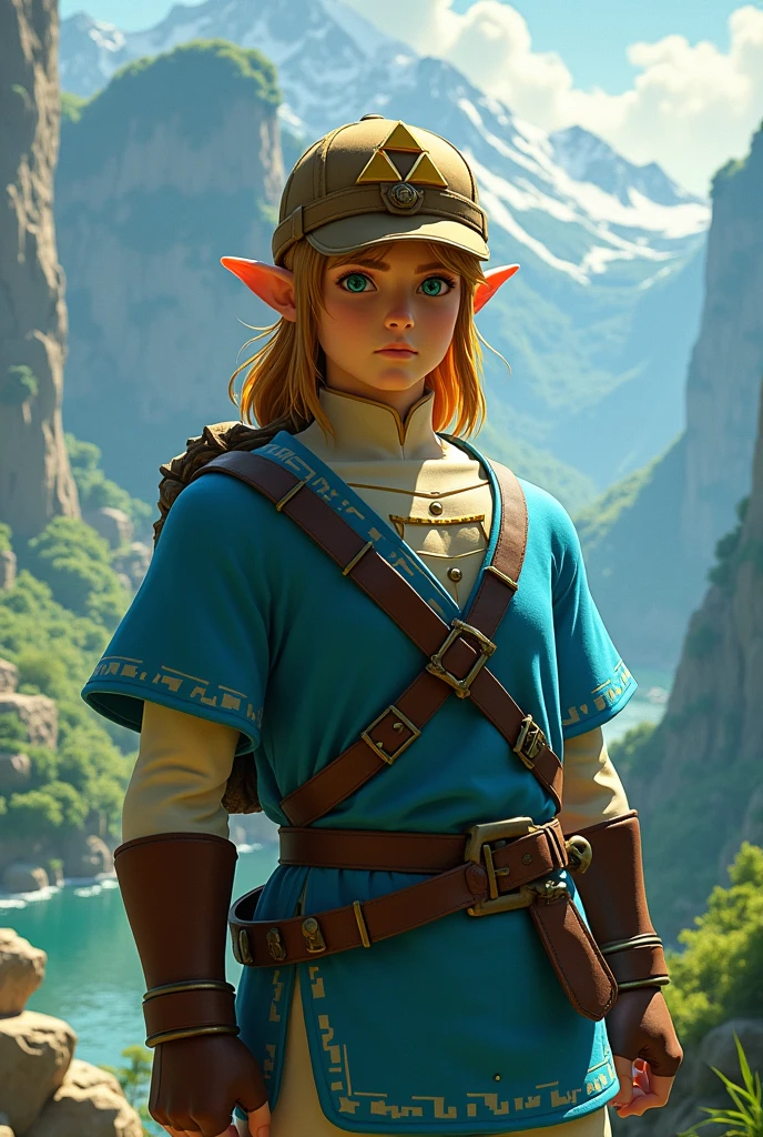 Horizontal format image of the game Zelda using the champion suit and his hat
