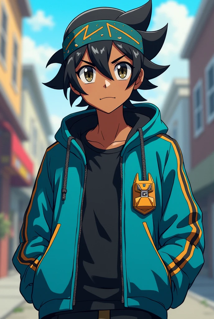 I want a pokemon trainer with black hair and a bandana on his forehead, dark brown eyes, with a dead fish look and a black and cyan outfit, but the man is dark-skinned, but leave him with a bit of the Pokémon anime features, but I want his hair parted in the middle and put a more skater outfit on him, but don't take away his Pokémon features, please