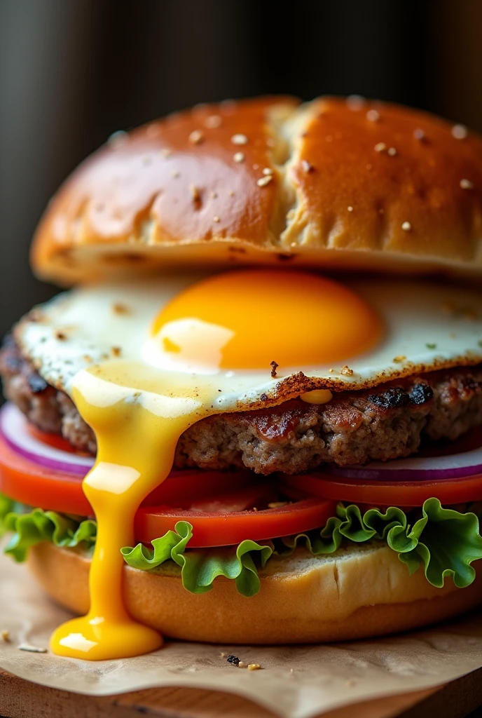 Create a burger that only has a fried egg, morning, provoletta, onion, tomato