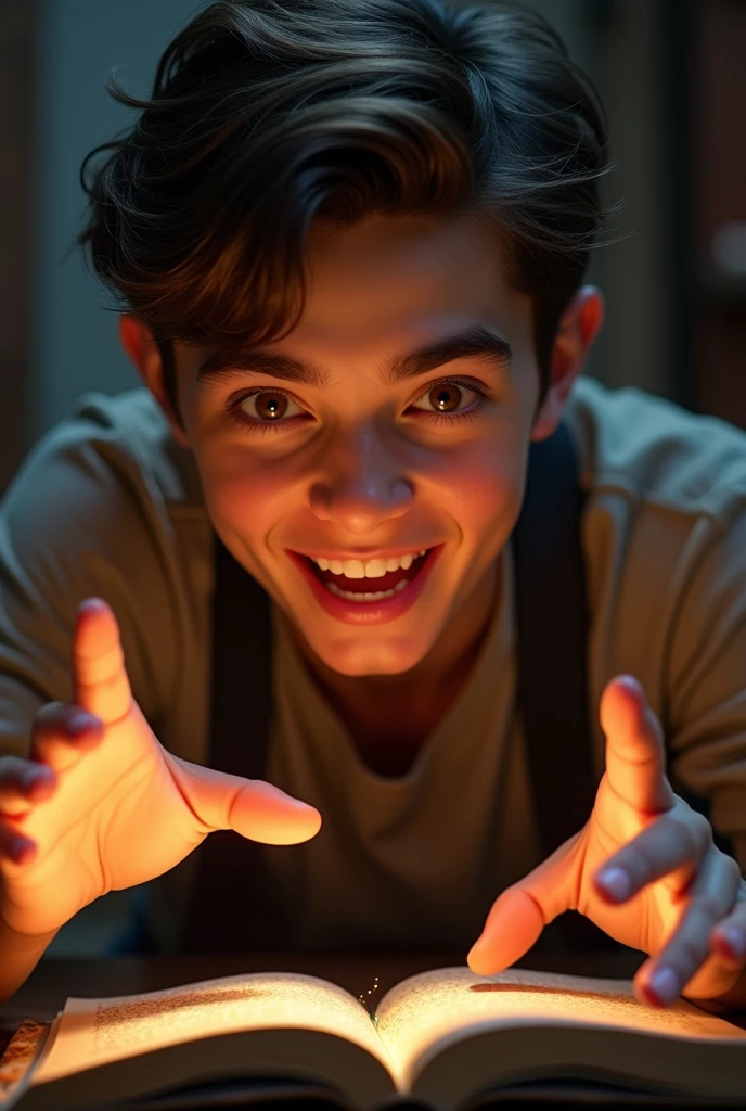 Young storytelling man closer to the screen