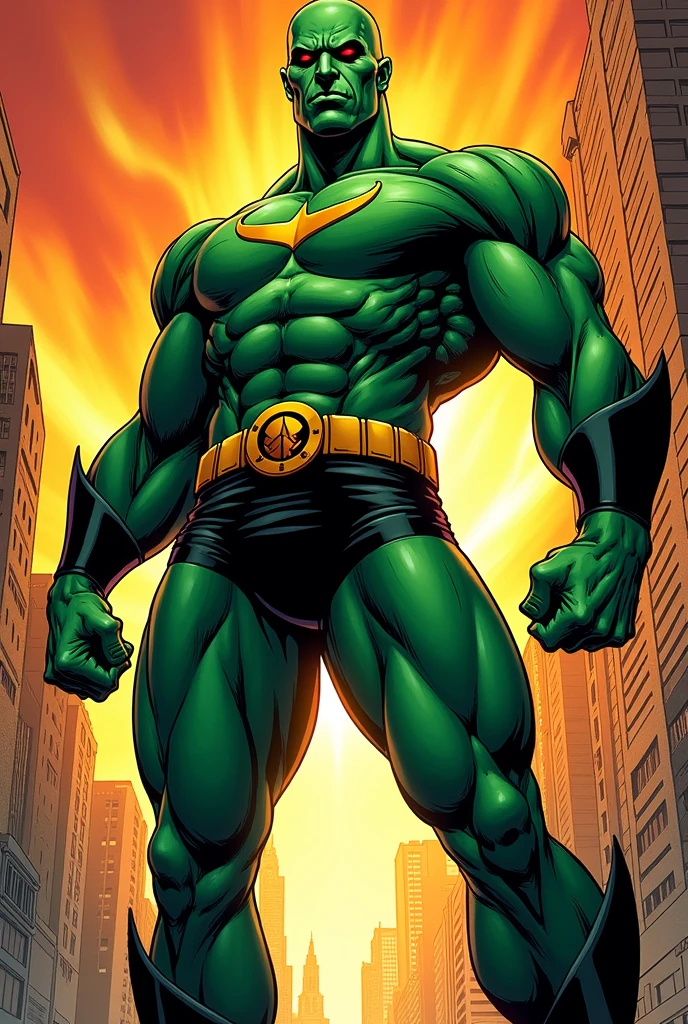 Martian Manhunter, muscle, original costume, GREEN skin, hairless, comic style