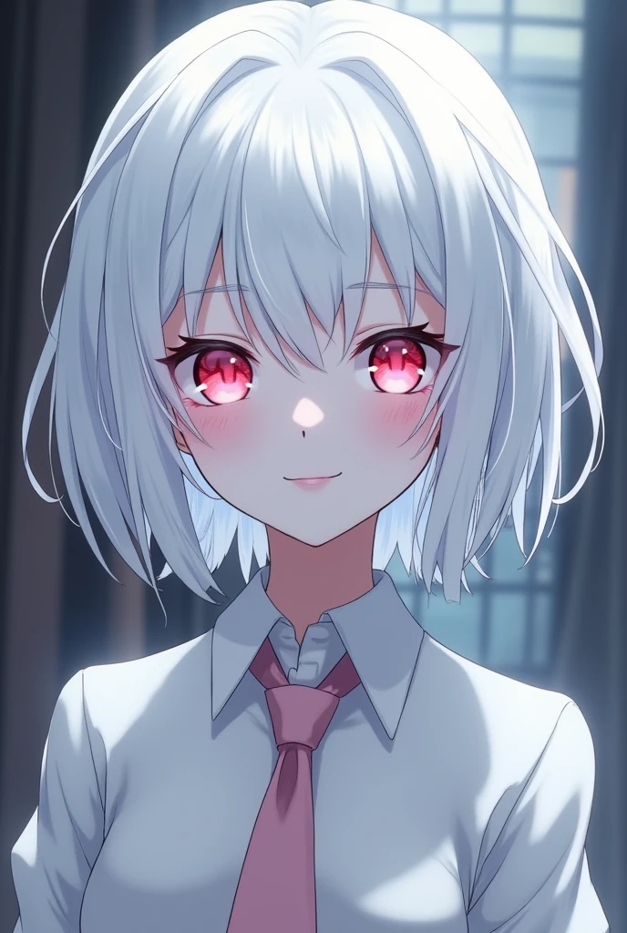 Anime style girl with evil face with short white hair, White eyelashes and completely albino, meaning her whole being is luminous white. Despite her evilness, she dresses in clothes like a schoolgirl dress or rather elegant with a tie like from a light pink magic school., She also has eyes of this same pink color but they still look slanted and mysterious.. He always has a slight smile on his lips