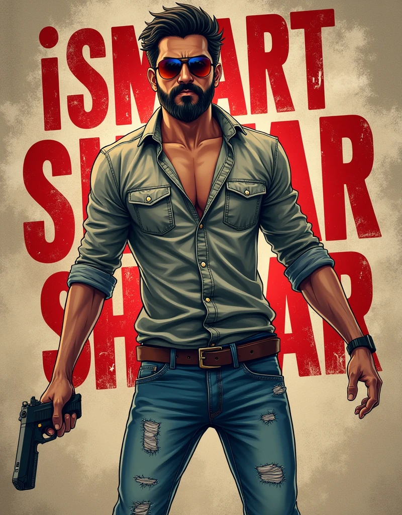 Create a anime style landscape long shoot image. Promotional anime poster. The layout features a central figure, a handsome anime man with a beard and reflection colour full sunglass, standing with arms outstretched and one hand holding pistol against a grungy, textured background. He has a fair skin tone and is dressed in a patterned shirt and distressed jeans. The le 'iSmart Shankar' is prominently displayed on the behind him in bold red and white text. The overall design has a rugged, edgy aesthetic.