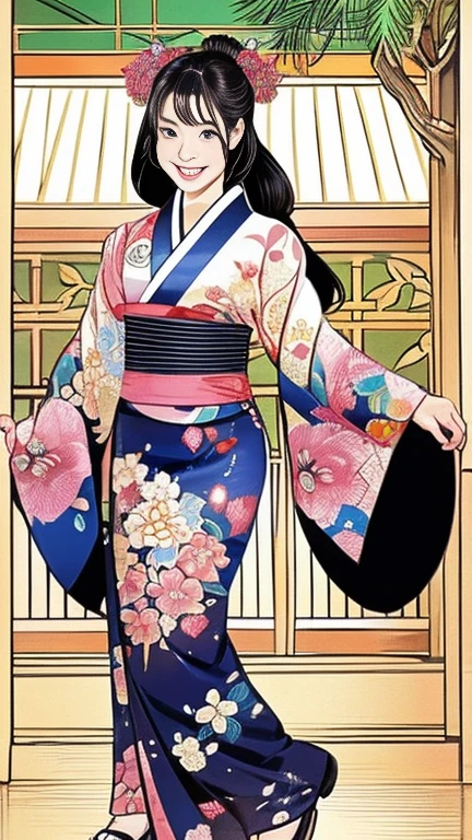 (SeaArt creates stunning illustrations of beautiful women in kimono)、Vividly colored Japanese Ukiyo-e style illustrations、A beautiful woman smiles and shows her upper white teeth、Brown-black long hair、Beautiful full body style、If you want to dance, let&#39;s dance, Tokyo Ondo, Yoi Yoi、Beautiful new digital paintings,、Bright vibrant digital anime art、 Beautiful anime portraits、background,Japanese shrine torii gate front、 Detailed digital anime art、