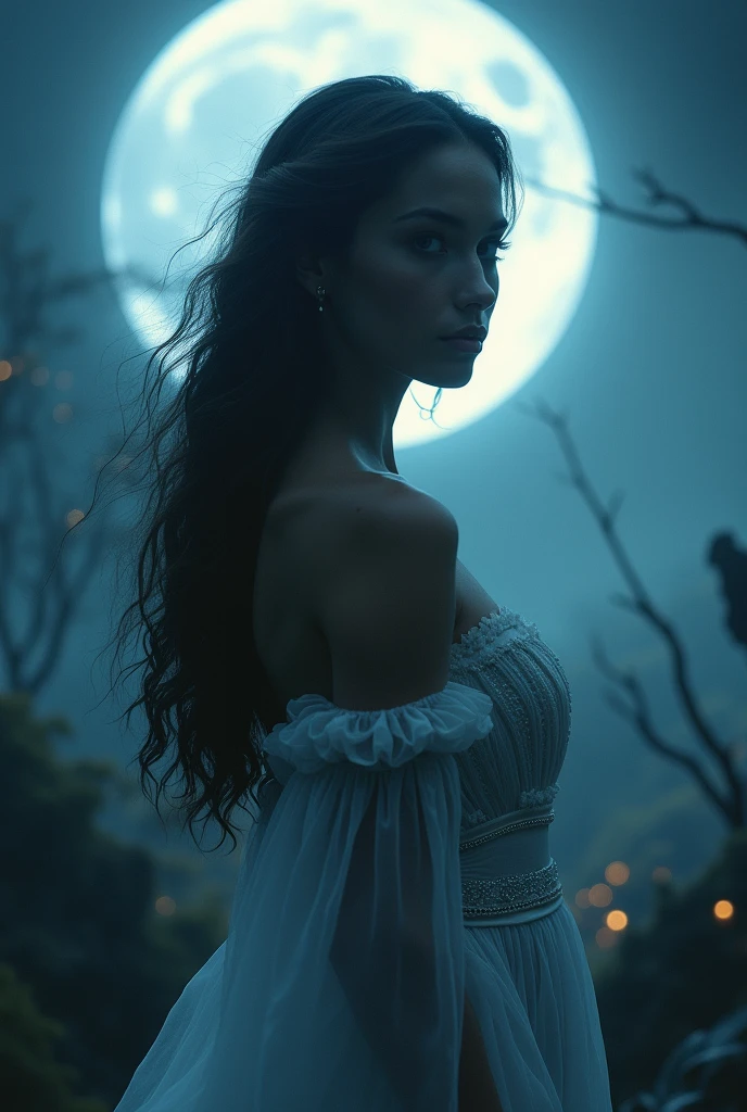 A beautiful woman standing in a moonlit landscape, (best quality,4k,8k,highres,masterpiece:1.2),ultra-detailed,(realistic,photorealistic,photo-realistic:1.37),detailed facial features,piercing eyes,full lips,long eyelashes,flowing hair,elegant pose,dramatic moonlit backdrop,mystical atmosphere,(fantasy,cinematic:1.2),ethereal lighting,cool toned color palette,chiaroscuro lighting