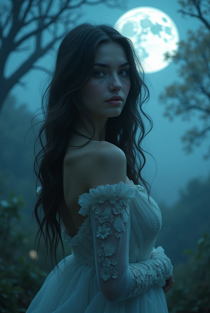 A beautiful woman standing in a moonlit landscape, (best quality,4k,8k,highres,masterpiece:1.2),ultra-detailed,(realistic,photorealistic,photo-realistic:1.37),detailed facial features,piercing eyes,full lips,long eyelashes,flowing hair,elegant pose,dramatic moonlit backdrop,mystical atmosphere,(fantasy,cinematic:1.2),ethereal lighting,cool toned color palette,chiaroscuro lighting