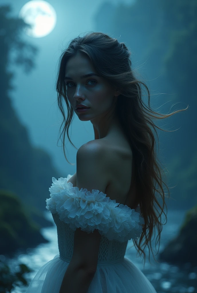 A beautiful woman standing in a moonlit landscape, (best quality,4k,8k,highres,masterpiece:1.2),ultra-detailed,(realistic,photorealistic,photo-realistic:1.37),detailed facial features,piercing eyes,full lips,long eyelashes,flowing hair,elegant pose,dramatic moonlit backdrop,mystical atmosphere,(fantasy,cinematic:1.2),ethereal lighting,cool toned color palette,chiaroscuro lighting