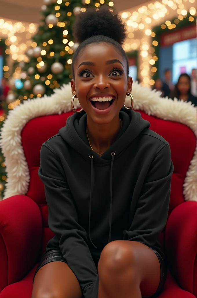 Black woman wearing leather short shorts and black hoodie hair in a bun setting on santas lap in the mall. The look on her face is eyes wide open and excited