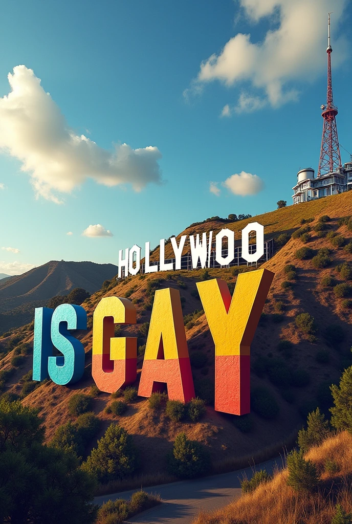 the hollywood sign saying but not with hollywood letters , with "Kris is gay" letters