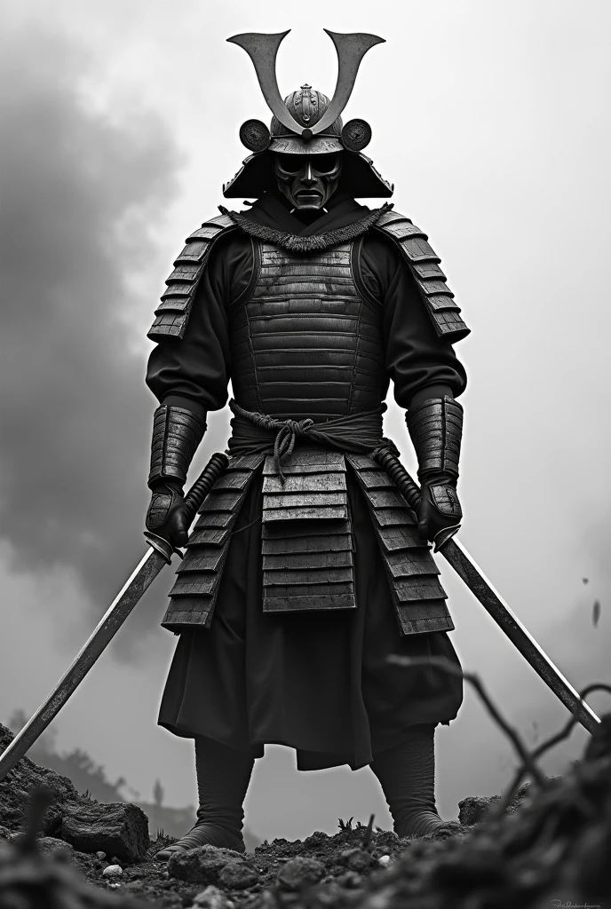 A Samurai with a mask holding two swords after a war In black and white 