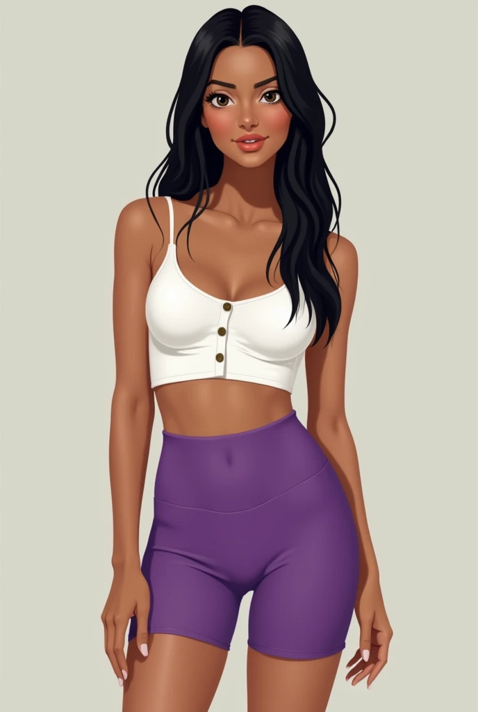 Full body image from head to toe of a woman who is not fat, with light caramel-colored brown skin, straight black hair, wearing short leggings from the waist to the knees, exactly purple in color, and a white buttonless closed shirt. , The image must show the entire body from head to toe